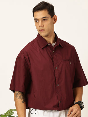Thomas Scott Men Wine Oversized Short Sleeves Spread Collar Solid 100% Cotton Casual Shirt