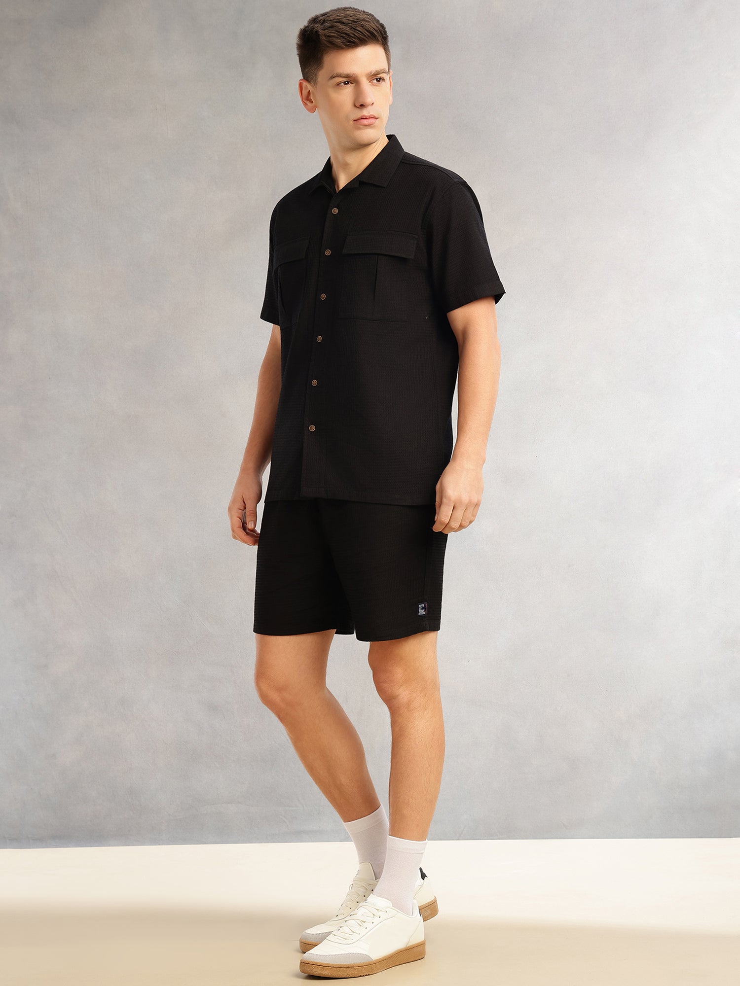 Thomas Scott Men Black Cricket Club Collection Regular Fit Short Sleeves Self Design 100% Cotton Co-Ord Set with Shirt Collar