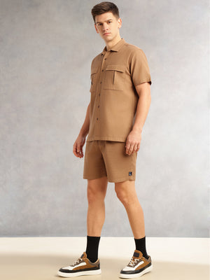Thomas Scott Men Brown Cricket Club Collection Regular Fit Short Sleeves Self Design 100% Cotton Co-Ord Set with Shirt Collar