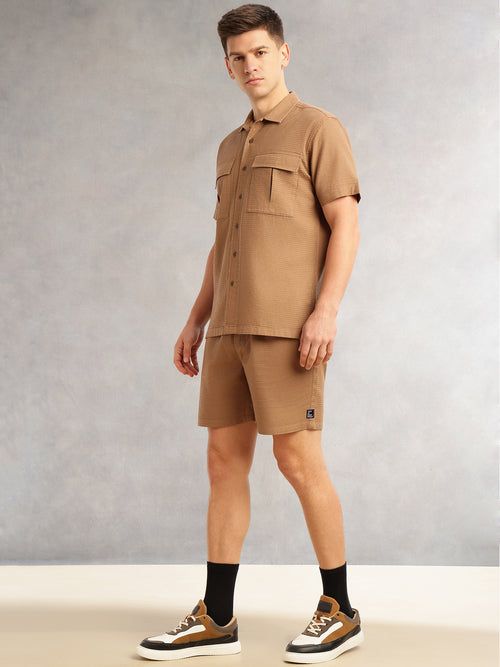 Thomas Scott Men Brown Cricket Club Collection Regular Fit Short Sleeves Self Design 100% Cotton Co-Ord Set with Shirt Collar