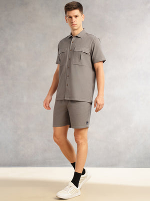 Thomas Scott Men Grey Cricket Club Collection Regular Fit Short Sleeves Self Design 100% Cotton Co-Ord Set with Shirt Collar