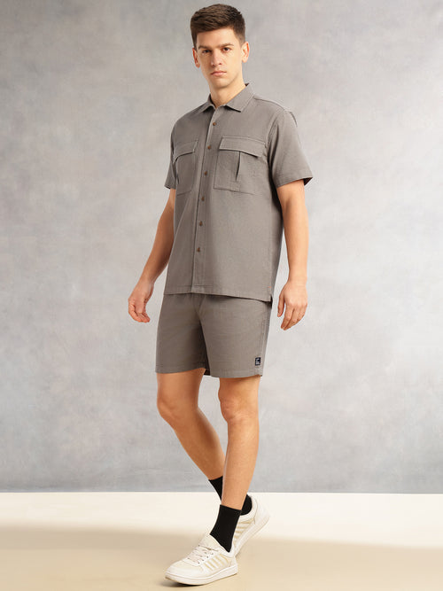 Thomas Scott Men Grey Cricket Club Collection Regular Fit Short Sleeves Self Design 100% Cotton Co-Ord Set with Shirt Collar
