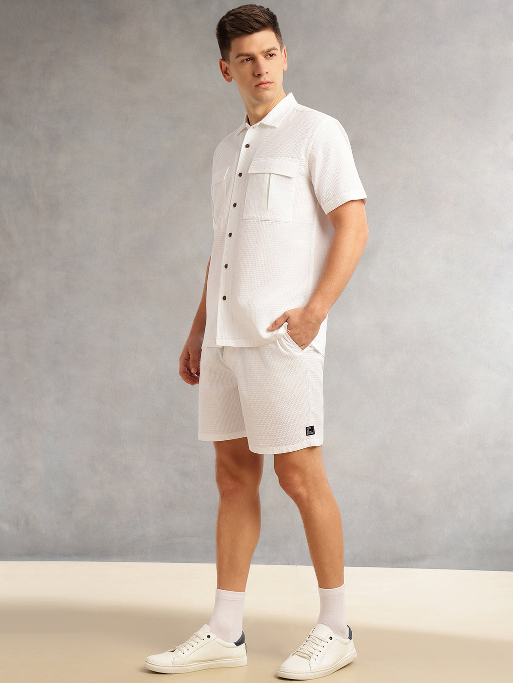 Thomas Scott Men White Cricket Club Collection Regular Fit Short Sleeves Self Design 100% Cotton Co-Ord Set with Shirt Collar