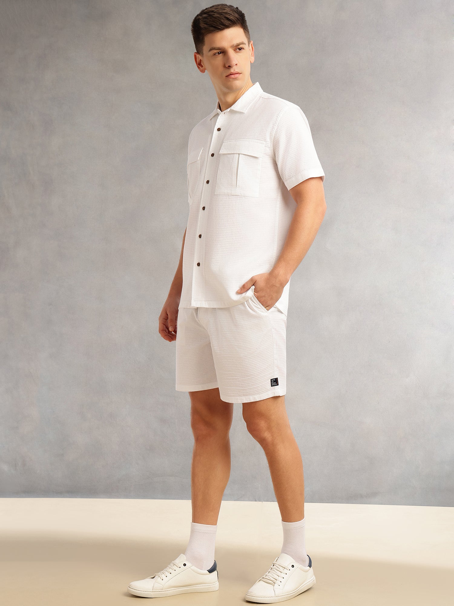 Thomas Scott Men White Cricket Club Collection Regular Fit Short Sleeves Self Design 100% Cotton Co-Ord Set with Shirt Collar