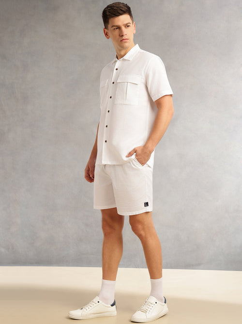 Thomas Scott Men White Cricket Club Collection Regular Fit Short Sleeves Self Design 100% Cotton Co-Ord Set with Shirt Collar