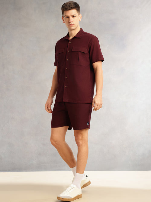 Thomas Scott Men Wine Cricket Club Collection Regular Fit Short Sleeves Self Design 100% Cotton Co-Ord Set with Shirt Collar