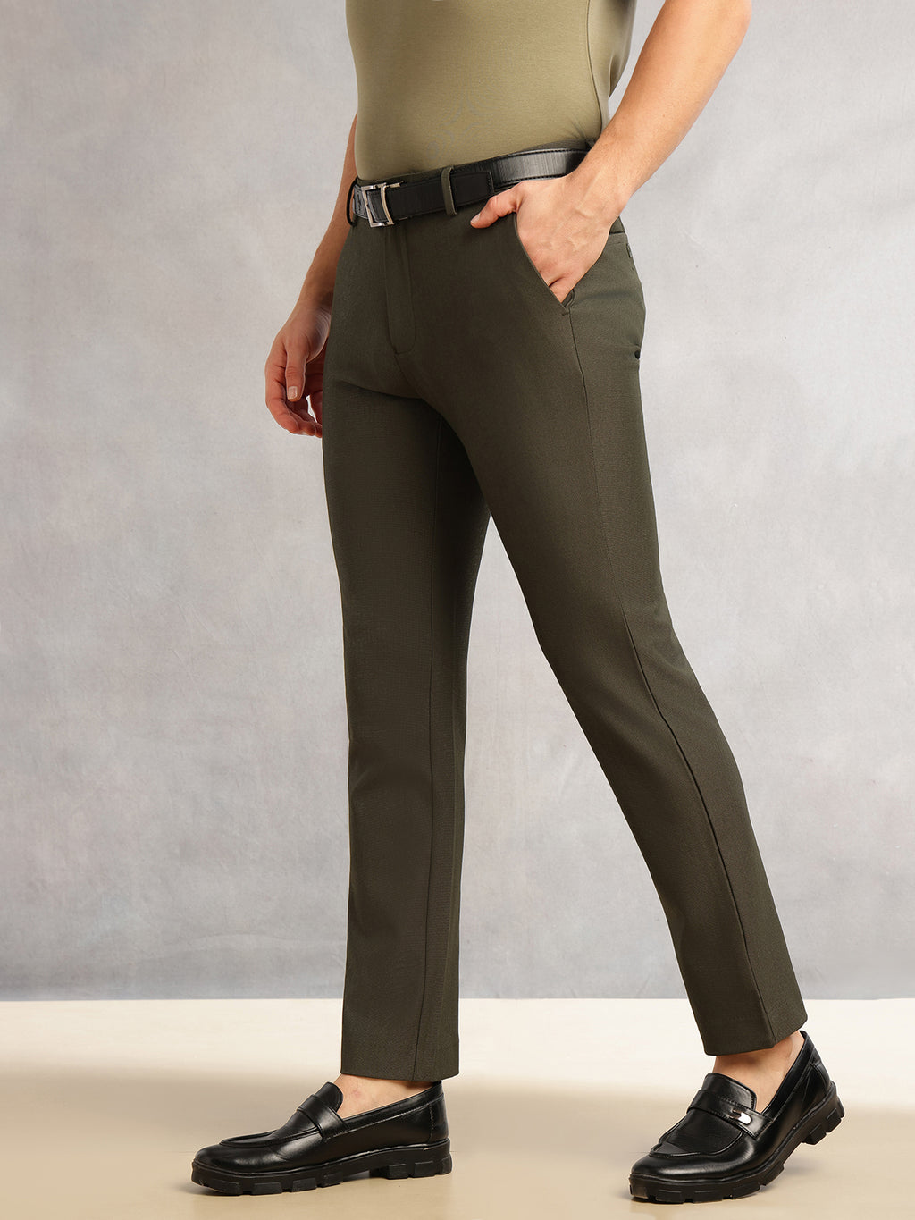 Thomas Scott Men Olive Slim Fit Mid-Rise Solid Woven Formal Trousers with Fixed Belt & 4-Way Stretch