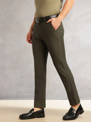 Thomas Scott Men Olive Slim Fit Mid-Rise Solid Woven Formal Trousers with Fixed Belt & 4-Way Stretch