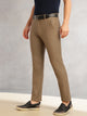 Thomas Scott Men Brown Slim Fit Mid-Rise Solid Woven Formal Trousers with Fixed Belt & 4-Way Stretch