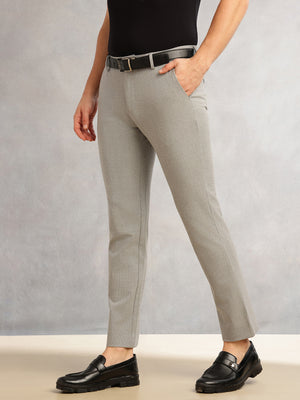 Thomas Scott Men Light Grey Slim Fit Mid-Rise Solid Woven Formal Trousers with Fixed Belt & 4-Way Stretch