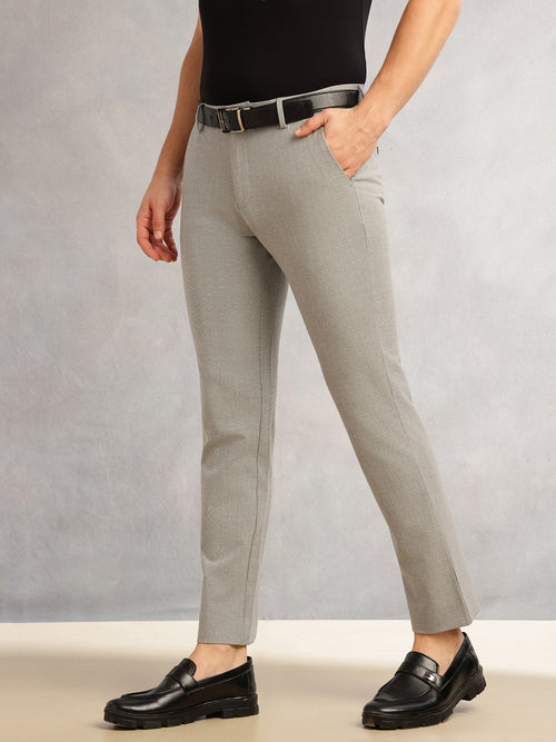 Thomas Scott Men Light Grey Slim Fit Mid-Rise Solid Woven Formal Trousers with Fixed Belt & 4-Way Stretch