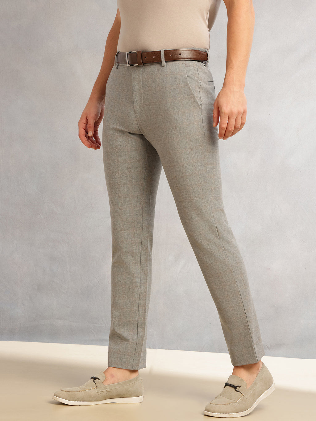 Thomas Scott Men Dark Grey Slim Fit Mid-Rise Solid Woven Formal Trousers with Fixed Belt & 4-Way Stretch