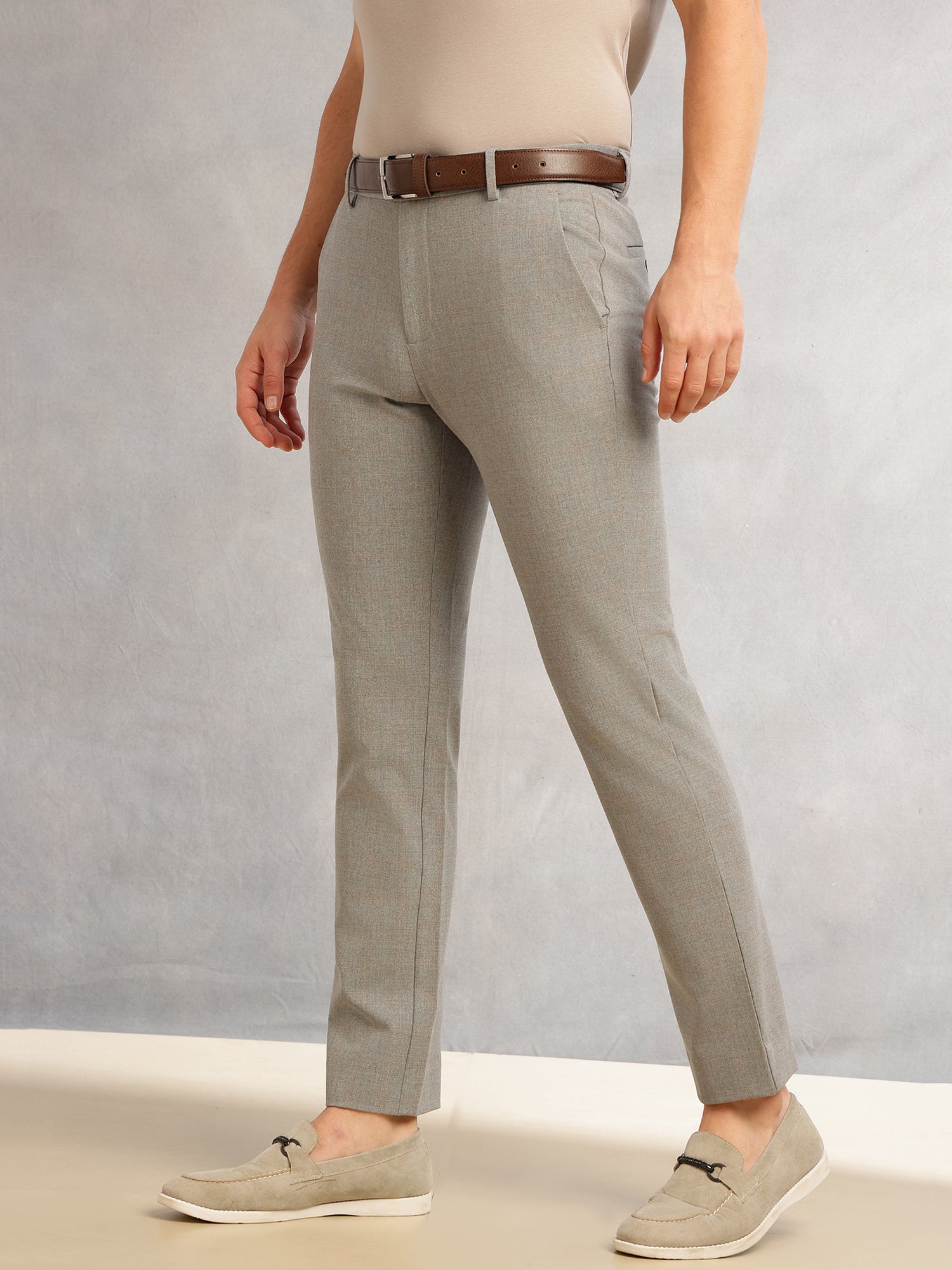 Thomas Scott Men Dark Grey Slim Fit Mid-Rise Solid Woven Formal Trousers with Fixed Belt & 4-Way Stretch