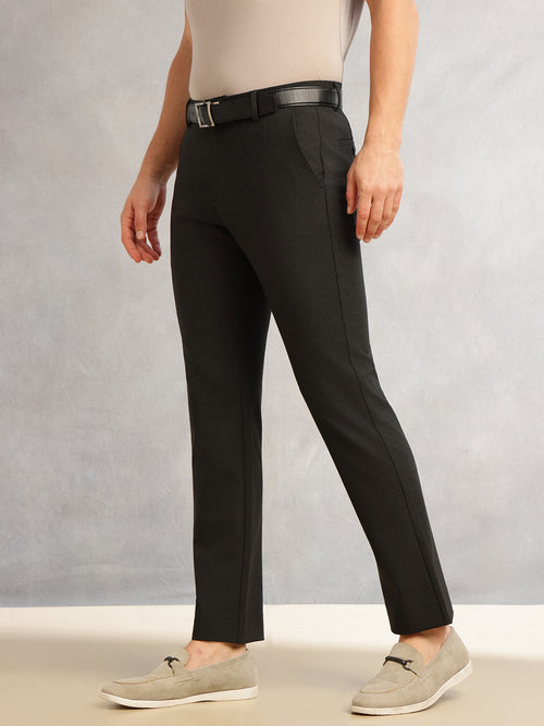 Thomas Scott Men Black Slim Fit Mid-Rise Solid Woven Formal Trousers with Fixed Belt & 4-Way Stretch