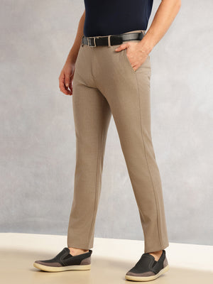 Thomas Scott Men Khaki Slim Fit Mid-Rise Solid Woven Formal Trousers with Fixed Belt & 4-Way Stretch