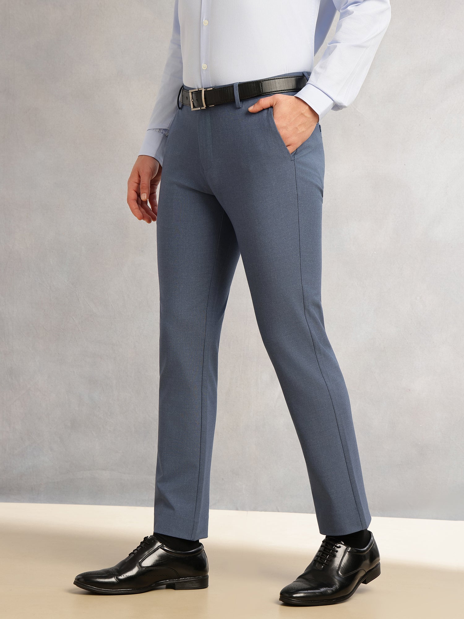 Thomas Scott Men Blue Slim Fit Mid-Rise Solid Woven Formal Trousers with Fixed Belt & 4-Way Stretch