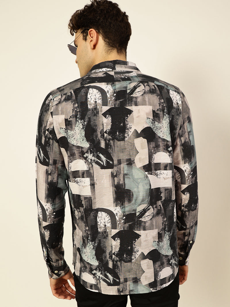 Thomas Scott Men Green Slim Fit Long Sleeves Spread Collar Abstract Printed 100% Cotton Casual Shirt