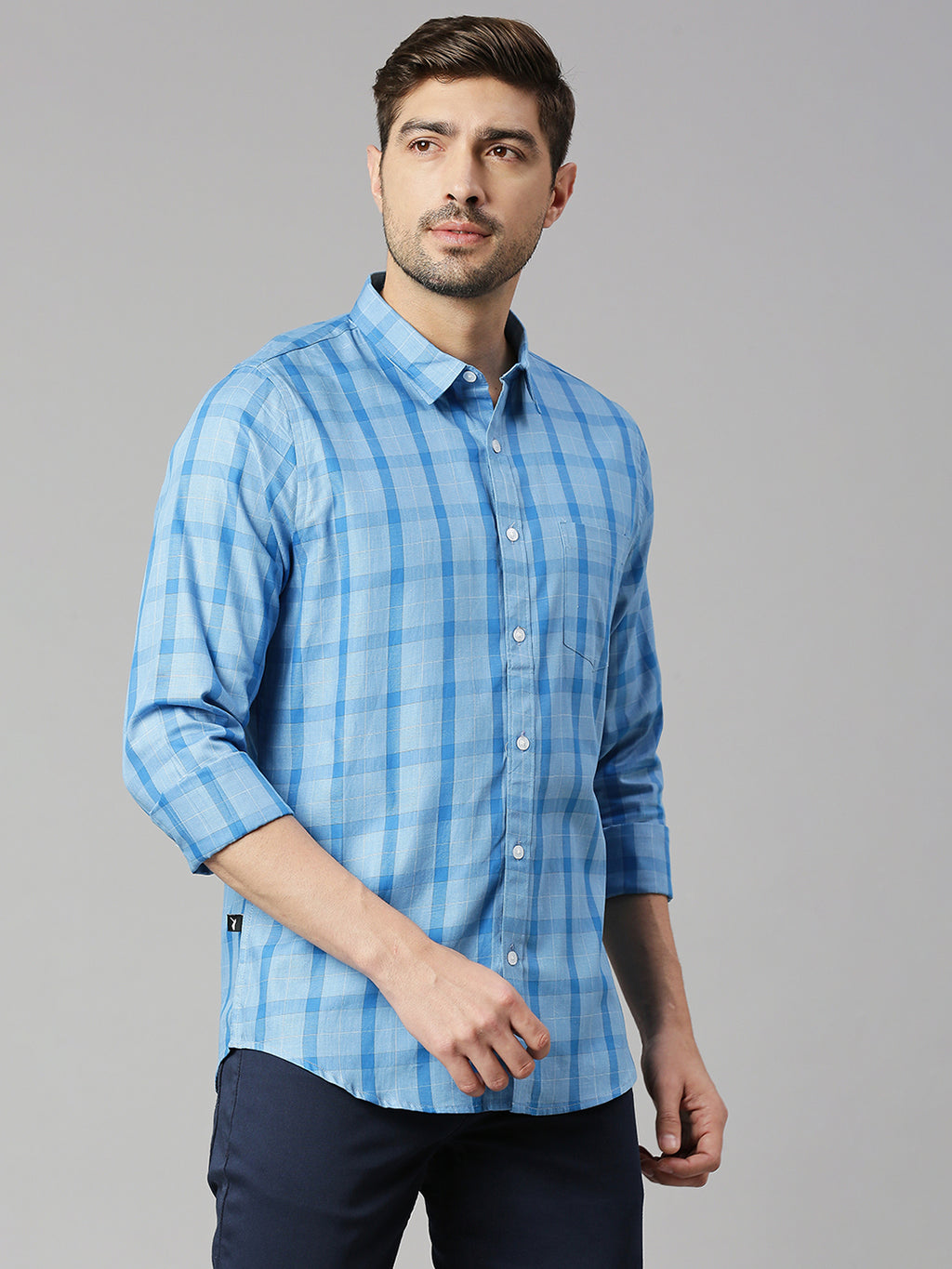 Thomas Scott Men Royal Blue Cricket Club Collection Slim Fit Long Sleeves Spread Collar Grid Tattersall Checks 100% Cotton Casual Shirt