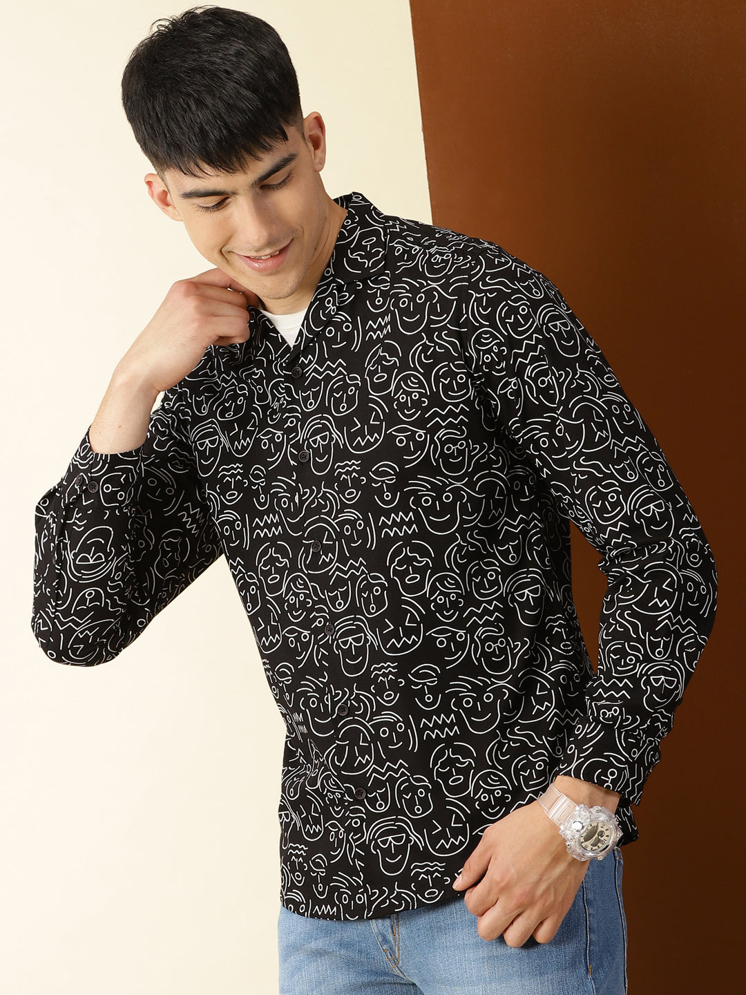 Thomas Scott Men Black Regular Fit 100% Cotton Conversational Printed Casual Shirt with Long Sleeves & Cuban Collar