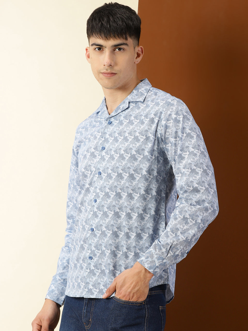 Thomas Scott Men Blue Regular Fit 100% Cotton Graphic Printed Casual Shirt with Long Sleeves & Cuban Collar