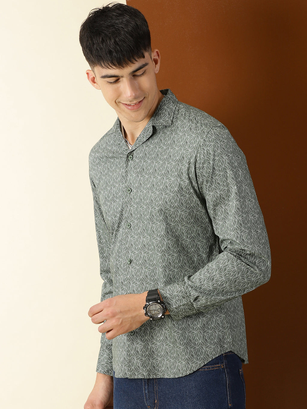 Thomas Scott Men Green Regular Fit 100% Cotton Floral Printed Casual Shirt with Long Sleeves & Cuban Collar
