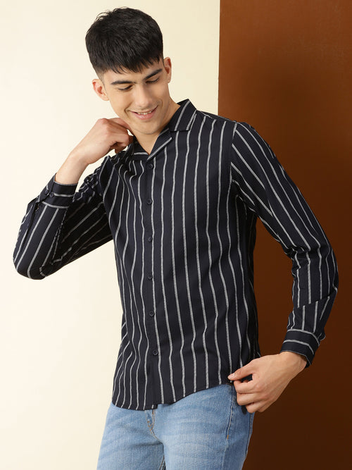 Thomas Scott Men Navy Regular Fit 100% Cotton Vertical Stripes Casual Shirt with Long Sleeves & Cuban Collar