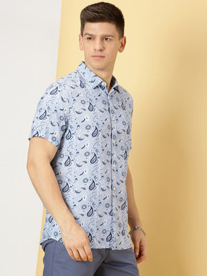 Thomas Scott Men Blue Regular Fit Short Sleeves Spread Collar Abstract Printed Casual Shirt