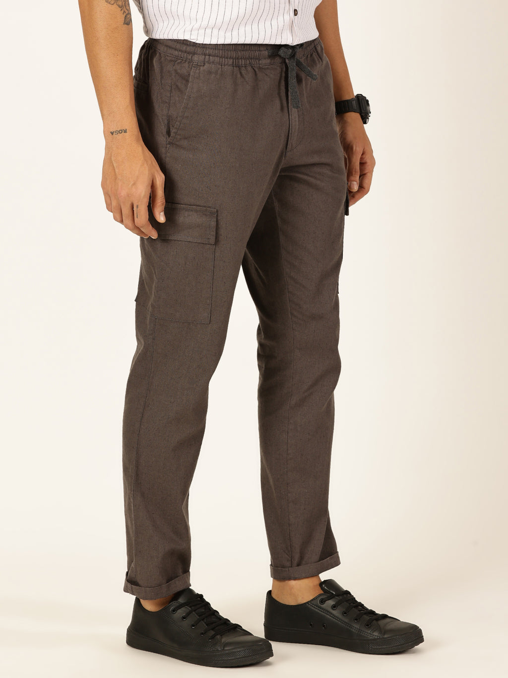Thomas Scott Men Grey Straight Fit Mid-Rise Cotton Linen Solid Woven Cargo Trouser
