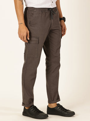 Thomas Scott Men Grey Straight Fit Mid-Rise Cotton Linen Solid Woven Cargo Trouser