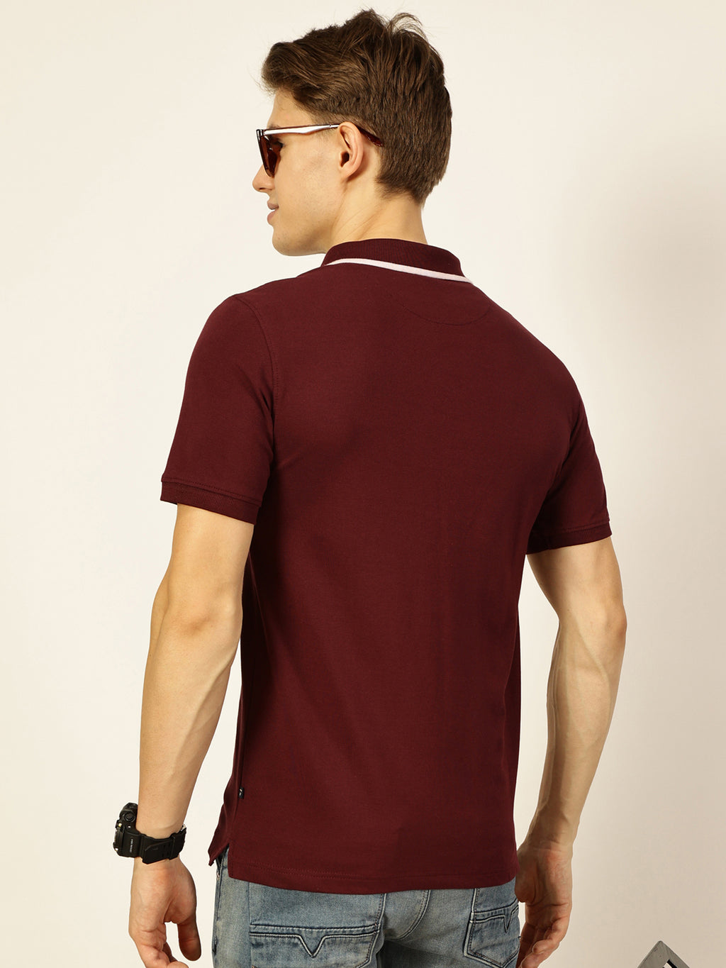 Thomas Scott Men Burgundy Short Sleeves Regular Fit Solid Polo Collar Knitted T-shirt