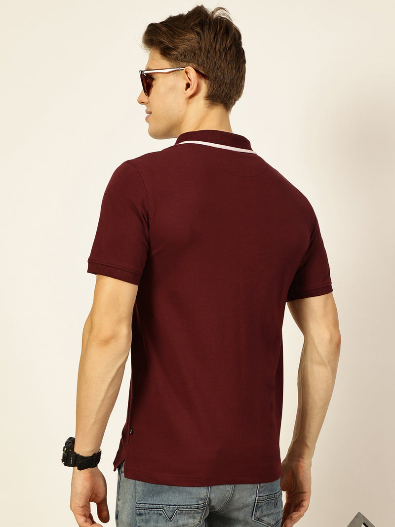 Thomas Scott Men Burgundy Short Sleeves Regular Fit Solid Polo Collar Knitted T-shirt