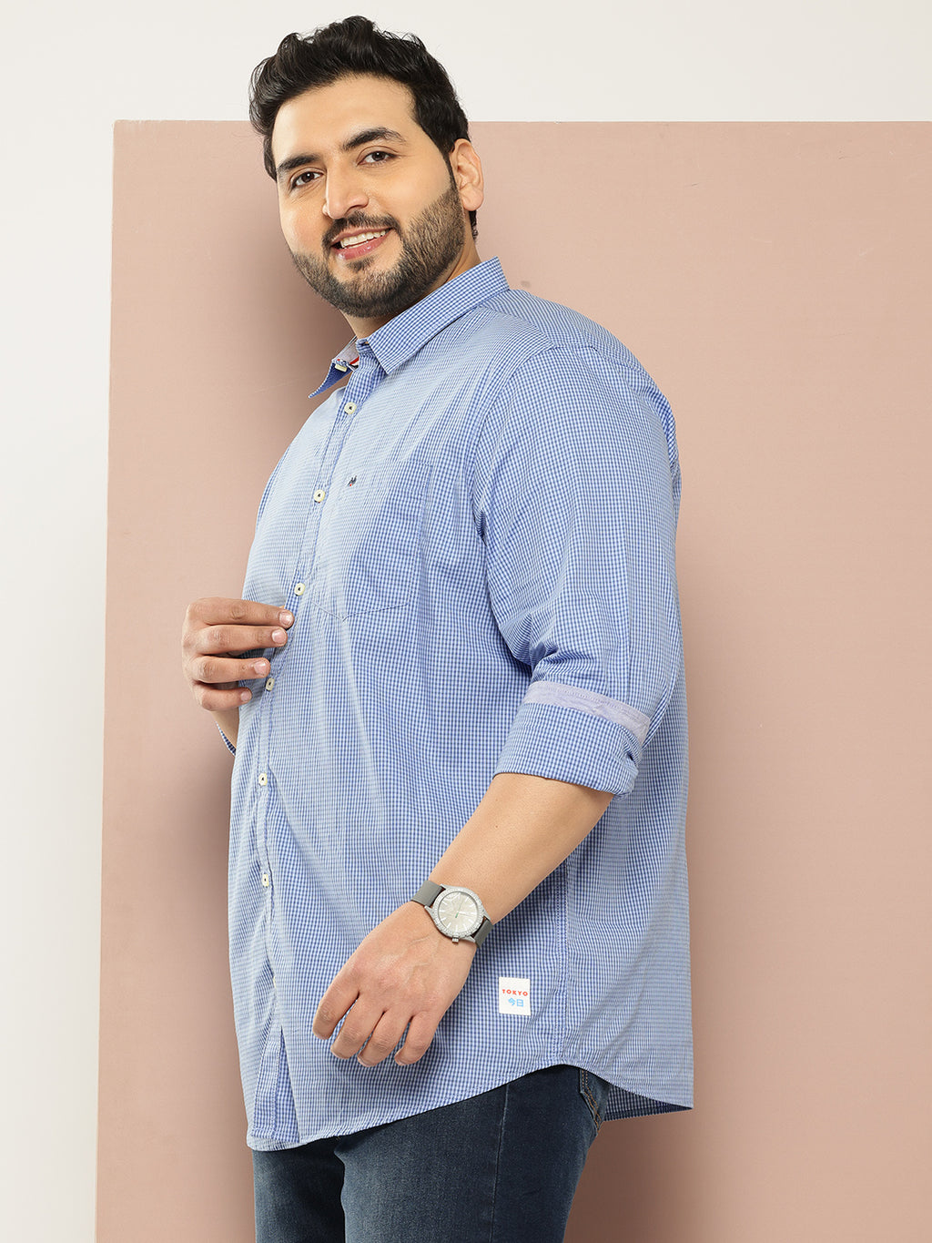 Thomas Scott Men Oxford Blue Plus Size Regular Fit Long Sleeves Spread Collar Micro Checks 100% Cotton Casual Shirt