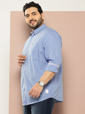 Oxford Blue Plus Size Regular Fit Long Sleeves Spread Collar Micro Checks 100% Cotton Casual Shirt For Men
