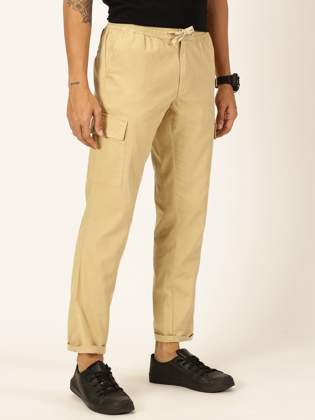 Thomas Scott Men Beige Straight Fit Mid-Rise Cotton Linen Solid Woven Cargo Trouser
