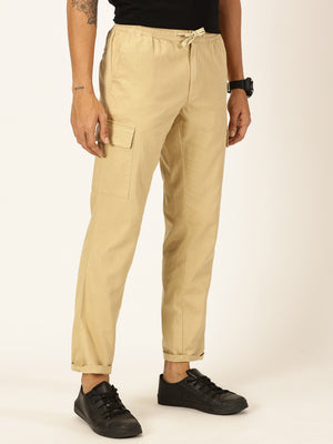 Thomas Scott Men Beige Straight Fit Mid-Rise Cotton Linen Solid Woven Cargo Trouser