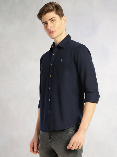 Thomas Scott Men Navy Cricket Club Collection Long Sleeves Slim Fit Spread Collar 100% Cotton Twill Casual Shirt