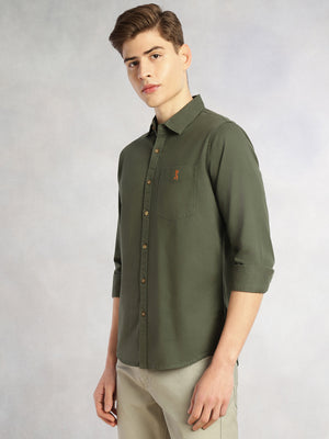 Thomas Scott Men Olive Cricket Club Collection Long Sleeves Slim Fit Spread Collar 100% Cotton Twill Casual Shirt
