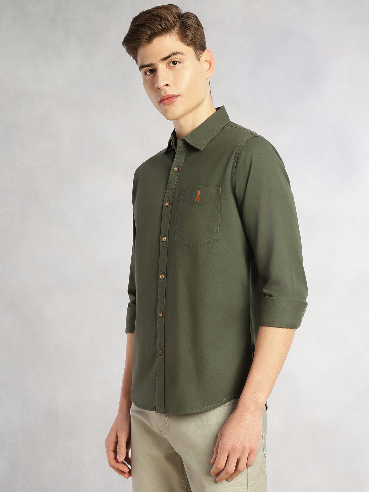 Thomas Scott Men Olive Cricket Club Collection Long Sleeves Slim Fit Spread Collar 100% Cotton Twill Casual Shirt