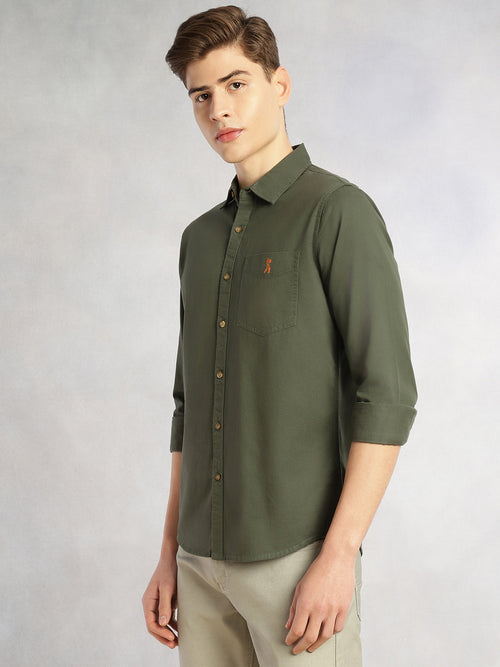 Thomas Scott Men Olive Cricket Club Collection Long Sleeves Slim Fit Spread Collar 100% Cotton Twill Casual Shirt