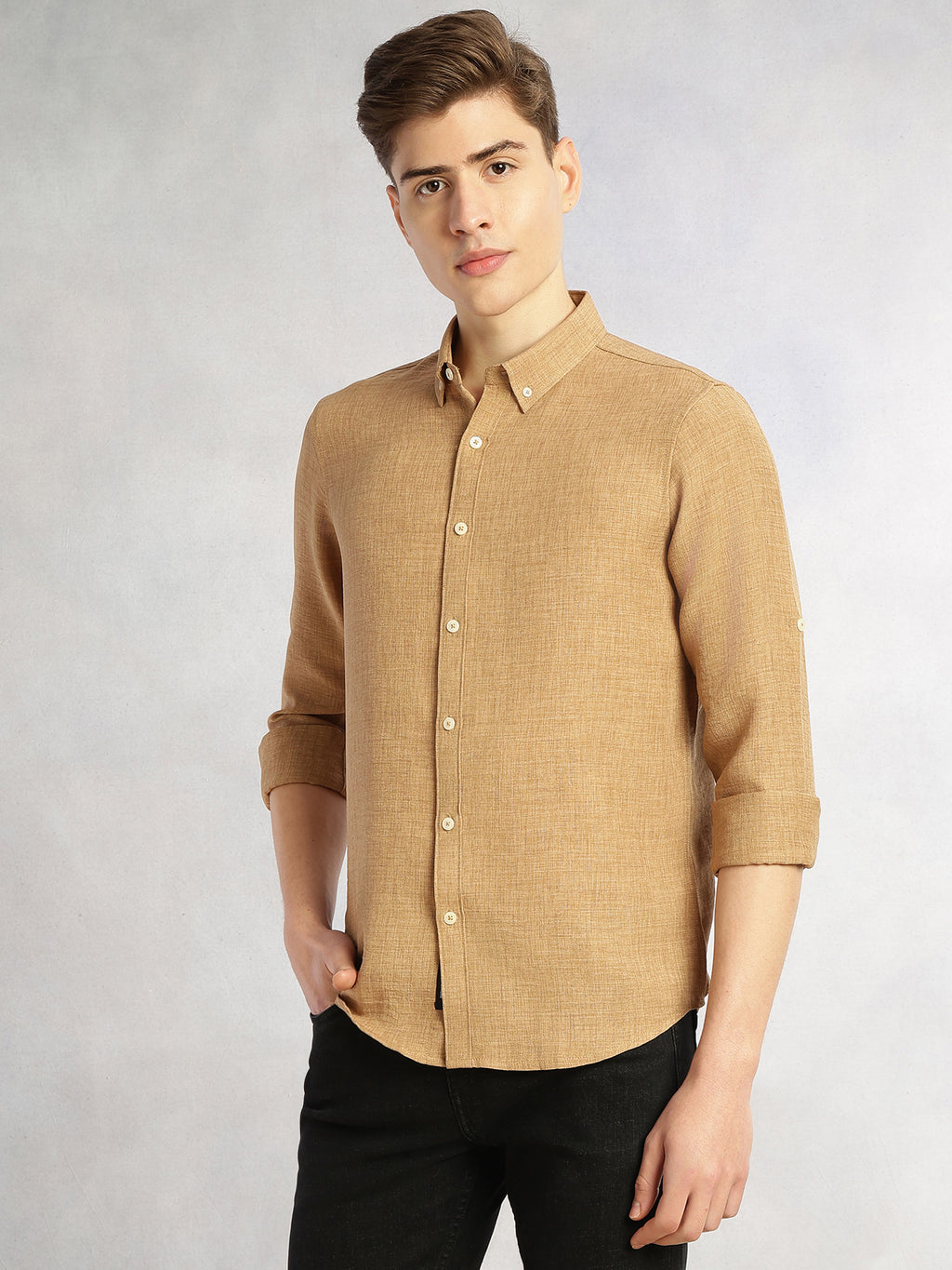 Thomas Scott Men Gold Slim Fit Long Sleeves Button-Down Collar Polyester Casual Shirt