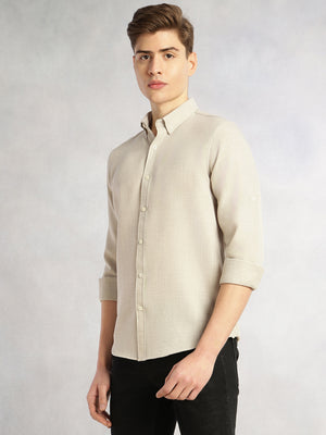 Light Grey Slim Fit Long Sleeves Button-Down Collar Polyester Casual Shirt For Men