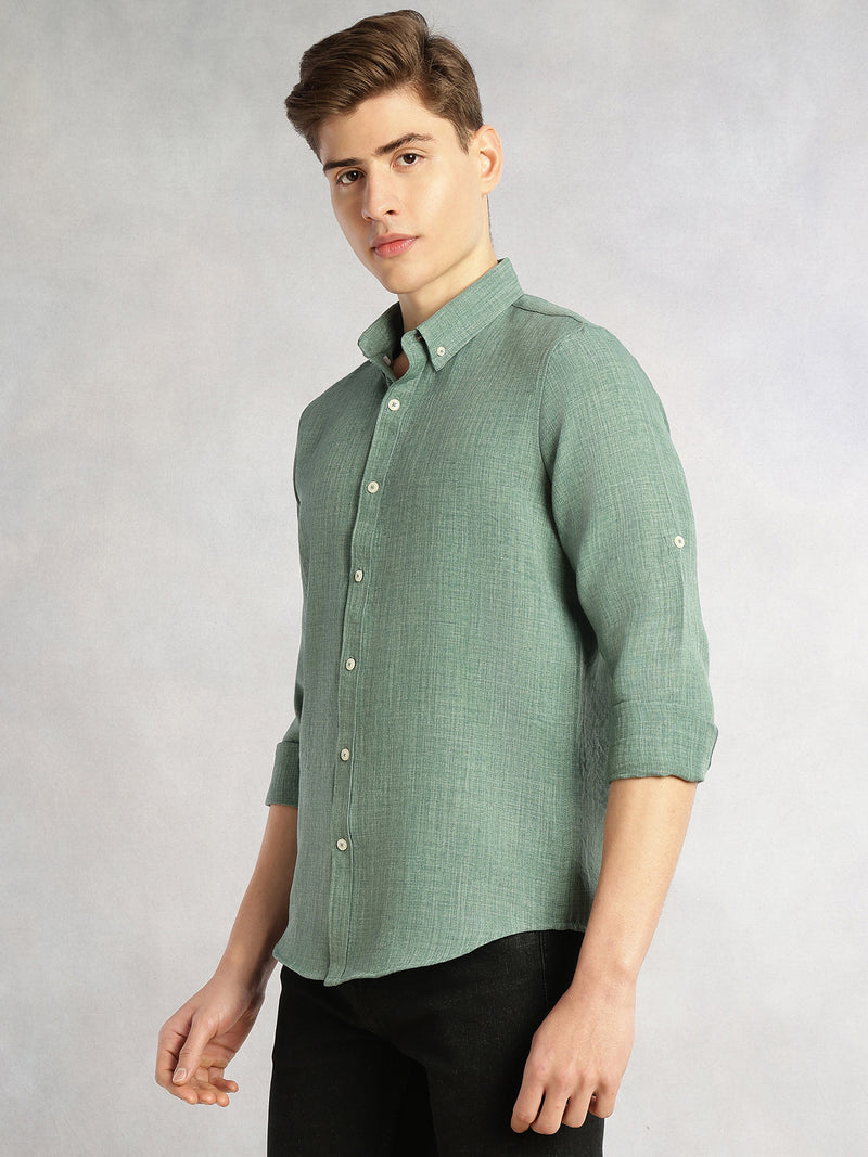 Thomas Scott Men Mint Slim Fit Long Sleeves Button-Down Collar Polyester Casual Shirt