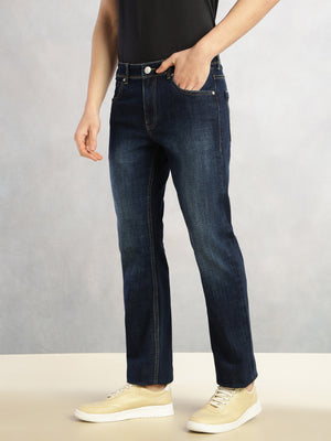 Dark Blue Cricket Club Collection Straight Fit Mid-Rise Faded 5 Pockets Stretchable Jeans For Men