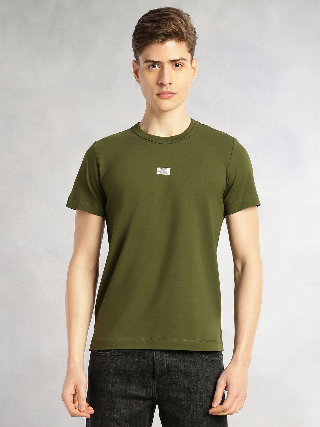 Thomas Scott Men Olive Cricket Club Collection Regular Fit Short Sleeves Round Neck Solid Knitted T-Shirt
