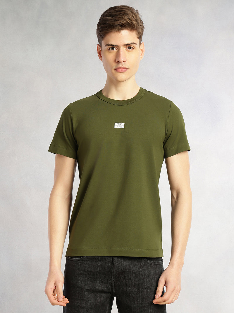 Thomas Scott Men Olive Cricket Club Collection Regular Fit Short Sleeves Round Neck Solid Knitted T-Shirt
