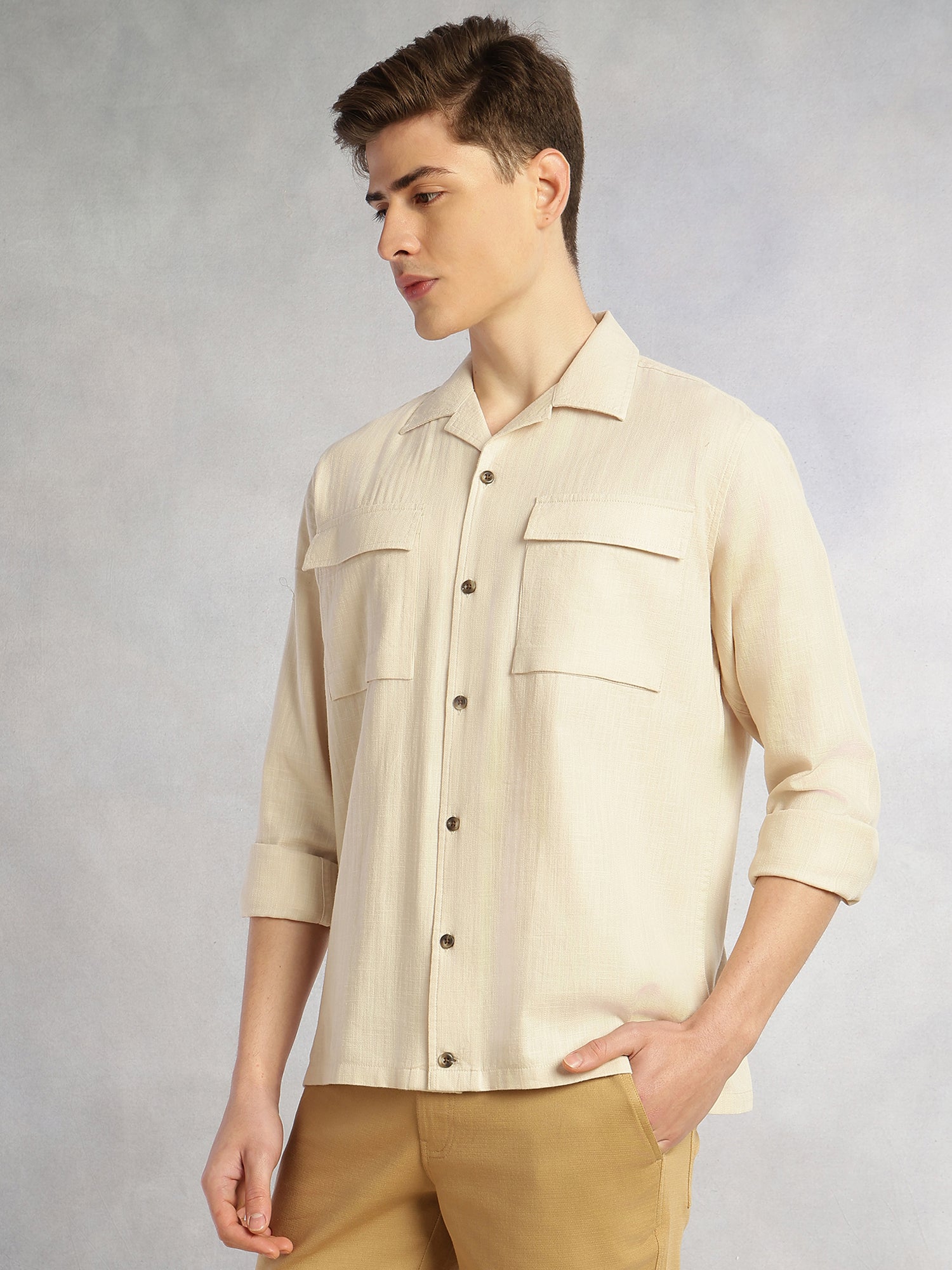 Thomas Scott Men Beige Cricket Club Collection Oversized Fit Long Sleeves Camp Collar 100% Cotton Shacket