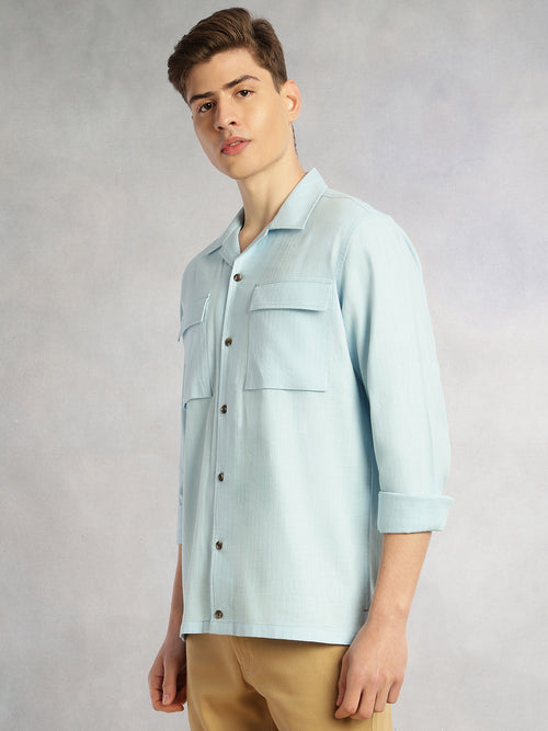 Thomas Scott Men Blue Cricket Club Collection Oversized Fit Long Sleeves Camp Collar 100% Cotton Shacket