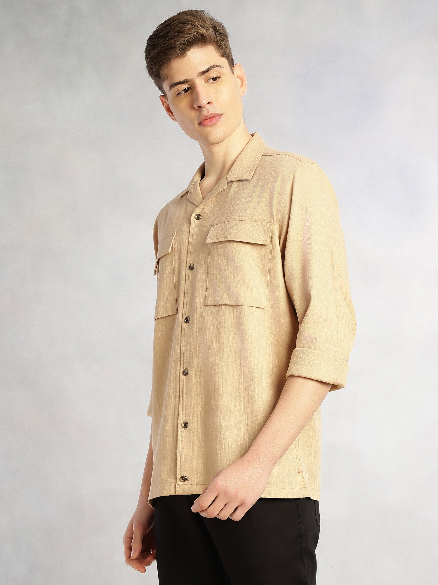 Thomas Scott Men Dark Beige Cricket Club Collection Oversized Fit Long Sleeves Camp Collar 100% Cotton Shacket