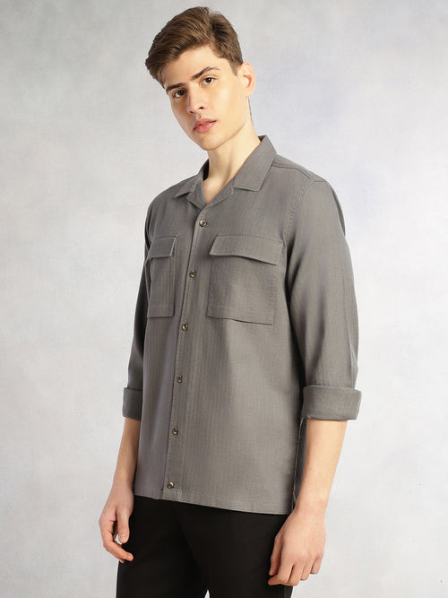 Thomas Scott Men Grey Cricket Club Collection Oversized Fit Long Sleeves Camp Collar 100% Cotton Shacket