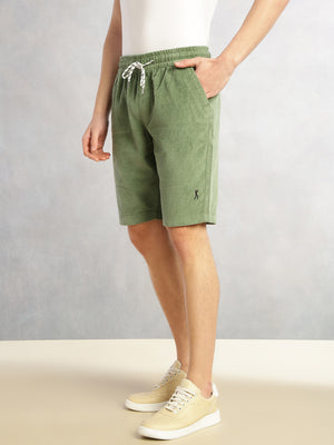 Thomas Scott Men Light Olive Cricket Club Collection Regular Fit Mid-Rise Woven Cotrises Corduroy Shorts